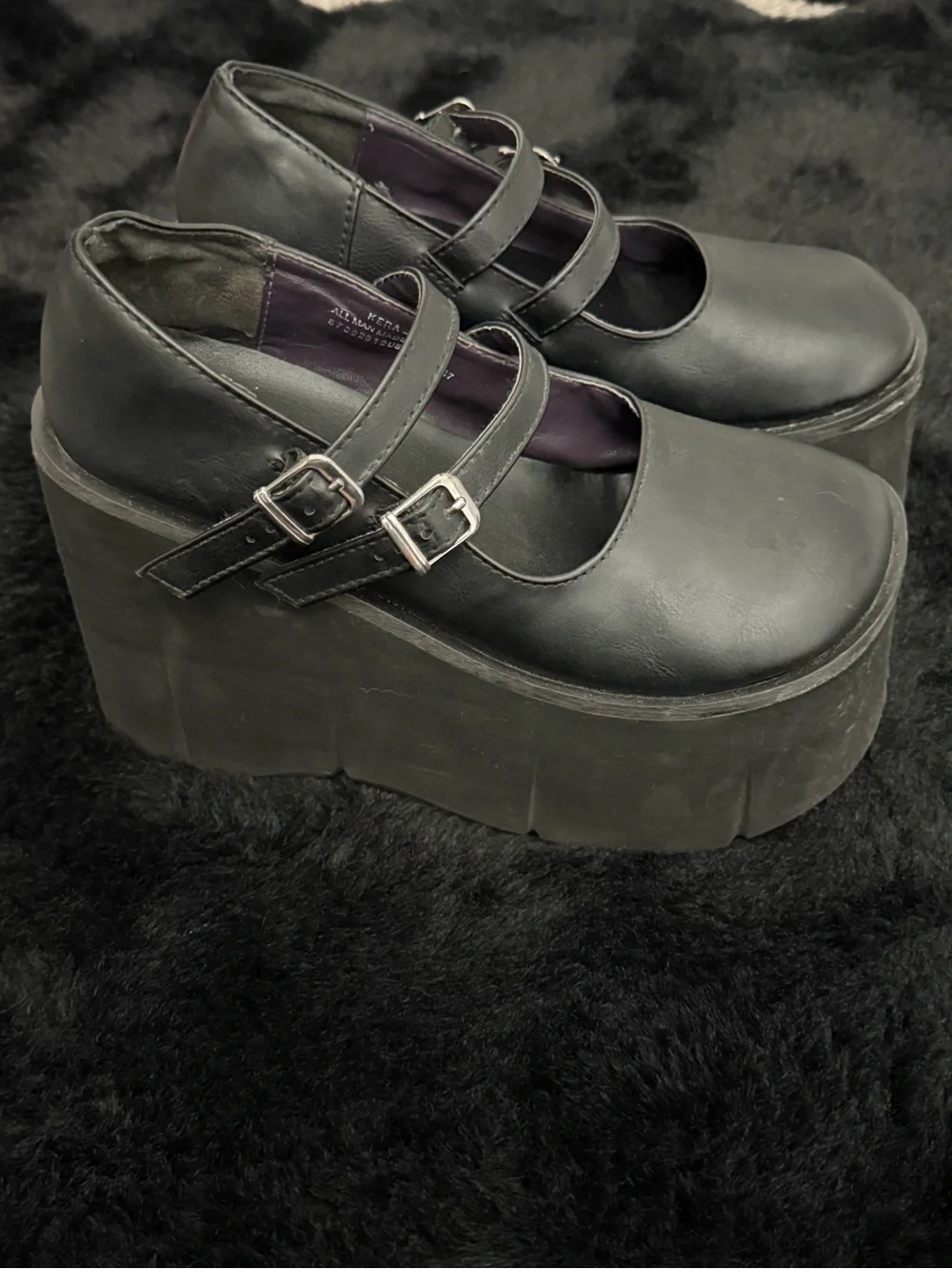 Demonia Kera-08 Black Platform Mary Jane Wedges with Double Straps